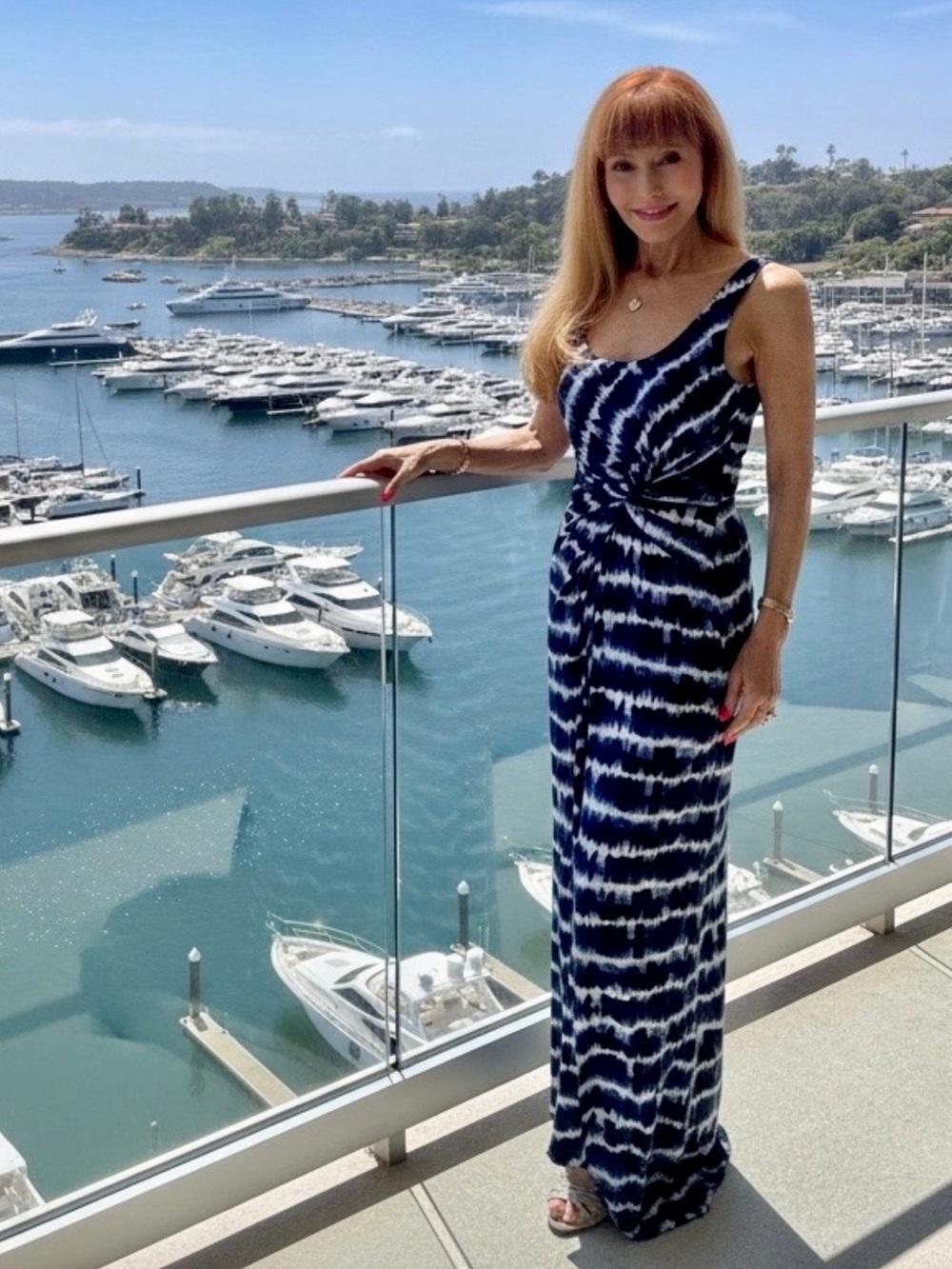 Tommy Bahama Blue and White Oliana Tie-Dye Stripe Knit Maxi Dress